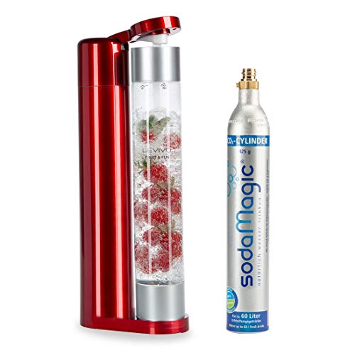 Levivo Gasificadora de agua Fruit & Fun Slim, con botella de 1 litro y cartucho de CO2, gas carbonatado para agua, cócteles y otras bebidas, color rojo y plata