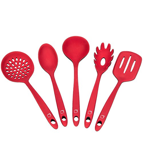 Levivo Juego de Utensilios de Cocina Set de 5 Cubiertos de Silicona, formado por Paleta, Espumadera, cucharón, Espaguetis, Cuchara Salsera, Rojo, 30 cm