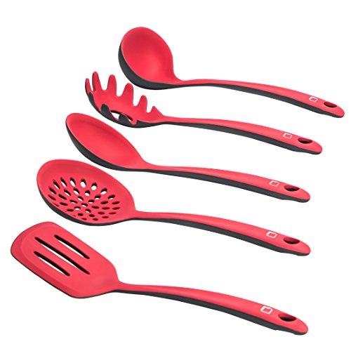 Levivo Juego de Utensilios de Cocina Set de 5 Cubiertos de Silicona, formado por Paleta, Espumadera, cucharón, Espaguetis, Cuchara Salsera, Rojo, 30 cm