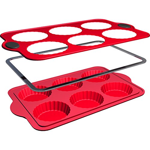 Levivo Molde de silicona para tartaletas, molde para 6 tartaletas, molde para tartaletas, molde de silicona para horno, molde de silicona, bandeja para 6 tartaletas, molde rojo, molde 34,5 x 21,5 cm