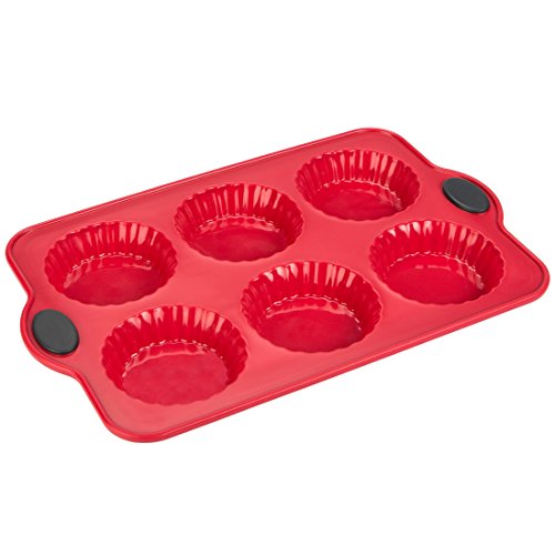 Levivo Molde de silicona para tartaletas, molde para 6 tartaletas, molde para tartaletas, molde de silicona para horno, molde de silicona, bandeja para 6 tartaletas, molde rojo, molde 34,5 x 21,5 cm