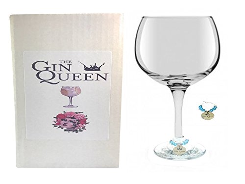 Libby's Market Place - Copa de cristal con cáliz en forma de globo y fuste de cristal, con colgante con texto «Gin Queen», para gin tonic, viene en una caja de regalo