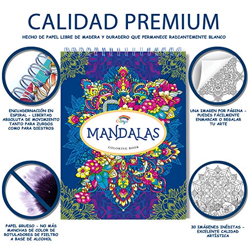 Libros Mandalas Colorear Adultos por Colorya, Papel Calidad Premium, Sin Manchas, Impresión A Una Cara, Libro Tamaño A4 y Espiralado + Ebook Extra con ejemplos, ideas y tips para colorear