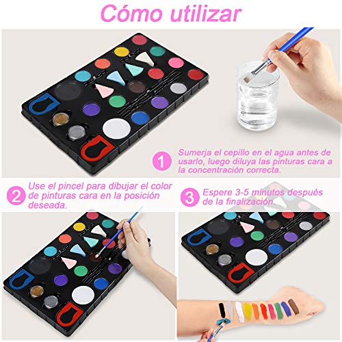 Lictin Pinturas Cara y Corporales-16 Colores+ 4 Cepillos Colores+ 4 Esponjas 2 Brillos + 2 Horquillas+ 60 Moldes, Pintura Facial Corporales Seguro y Saludable Pintura Facial Lavable para Halloween