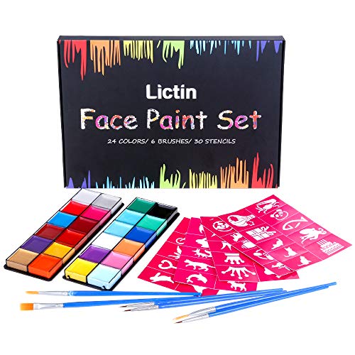 Lictin Pinturas Cara y Corporales-24 Colores + 50 Moldes + 6 Cepillos, Pintura Facial Corporales Seguro y Saludable Pintura Facial Lavable para Halloween