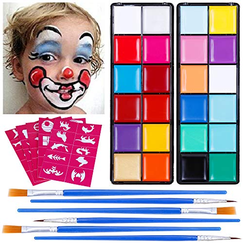 Lictin Pinturas Cara y Corporales-24 Colores + 50 Moldes + 6 Cepillos, Pintura Facial Corporales Seguro y Saludable Pintura Facial Lavable para Halloween