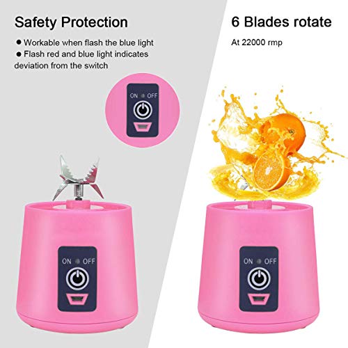 Licuadora personal [versión actualizada], vaso exprimidor portátil/mezclador de frutas eléctrico/batidora de zumo USB, recargable, seis cuchillas en 3D para una excelente mezcla, 380 ml rosa