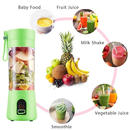 Licuadora Portátil, Eléctrico USB Juicer Batidora Mini Licuadora Taza de Jugo Máquina de Exprimidor de Botellas de Agua de 380 ml Con 4 Cuchillas, Smoothies, Batería Recargable de 1000 mAh (Green)