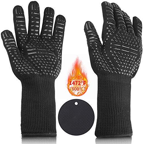 Liesun Guantes de Barbacoa, Guantes para Horno, Antideslizante Guantes de Horno Térmica hasta 1472°C/ 800°C, tamaño Universal, para Barbacoa, Microondas Hornear, Regalar un Almohadilla de Silicona.