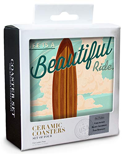 Life Is A Beautiful Ride – Tabla de surf – Letterpress, cerámica, Multicolor, 4 Coaster Set