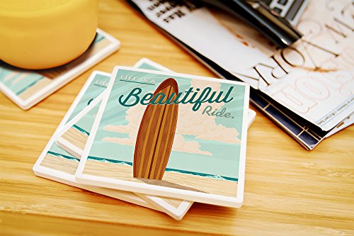 Life Is A Beautiful Ride – Tabla de surf – Letterpress, cerámica, Multicolor, 4 Coaster Set