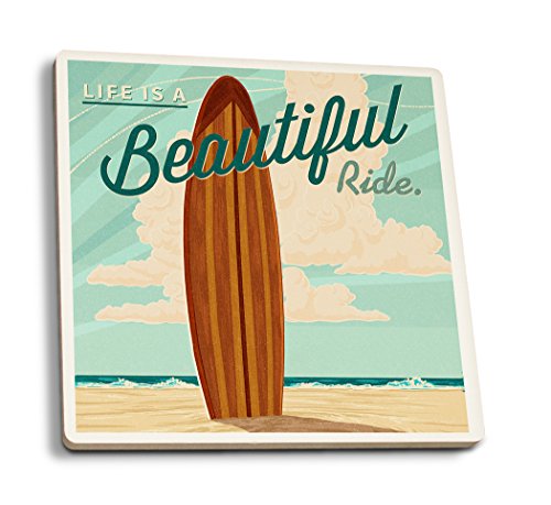 Life Is A Beautiful Ride – Tabla de surf – Letterpress, cerámica, Multicolor, 4 Coaster Set