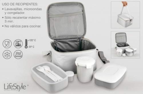 Life Style - Bolsa Térmica Porta Alimentos - 4 Recipientes más Cubiertos - Blanca