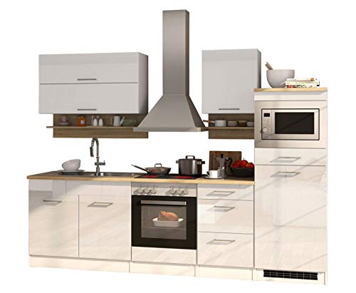 Lifestyle4living - Bloque de cocina con electrodomésticos (270 cm), color blanco brillante y roble