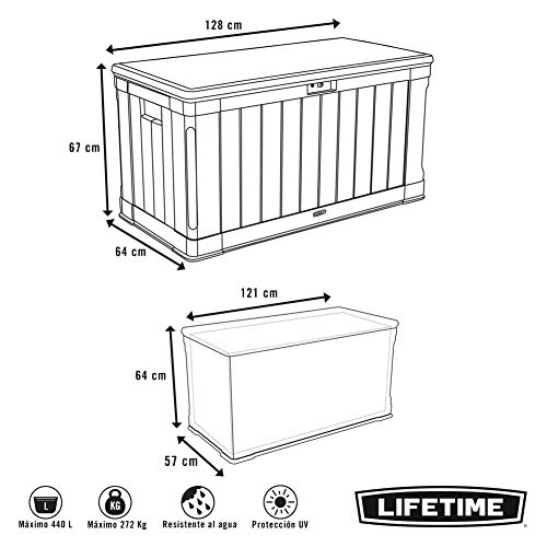 LIFETIME 60089 - Baúl para Jardín Ultrarresistente, color Marrón, 127 x 64 x 67 cm