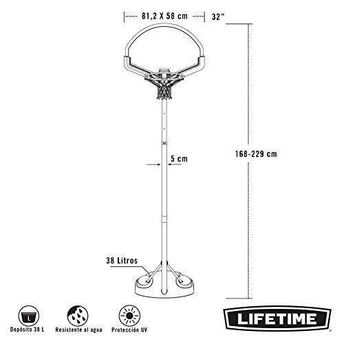 LIFETIME 90022 - Canasta baloncesto ultrarresistente altura regulable 168/229 cm UV100