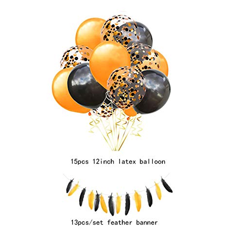 Lifreer Juego de globos de látex de 16 piezas, Globo de confeti de 12 pulgadas negro, naranja y oro blanco + 1 paquete de pancarta de plumas para decoración de fiestas