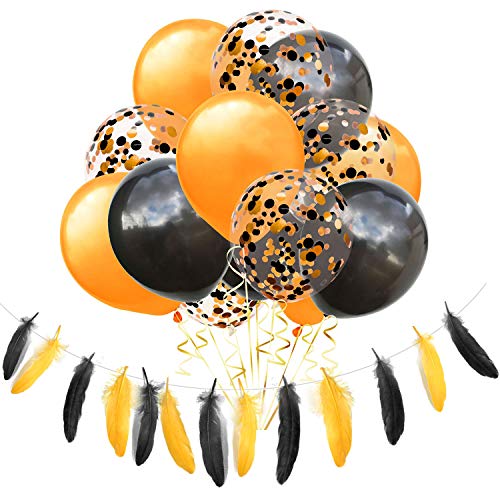 Lifreer Juego de globos de látex de 16 piezas, Globo de confeti de 12 pulgadas negro, naranja y oro blanco + 1 paquete de pancarta de plumas para decoración de fiestas