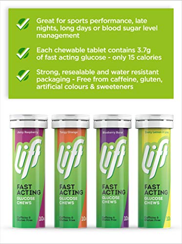 Lift | Pastillas de energía masticables de glucosa de acción rápida | limón y lima | 12 paquetes de 10 tubos de tabulación