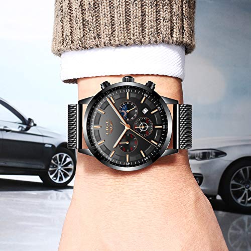 LIGE Hombres Relojes Moda Ocio Negocios Analógico Cuarzo Relojes Hombre Impermeable Acero Inoxidable Negro Cinturón de Malla Cronógrafo Relojes