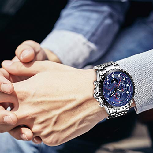 LIGE Reloj para Hombre, Deportes De Moda Reloj De Cuarzo Analógico Cronógrafo,Reloj De Acero Inoxidable para Hombres, Reloj De Regalo Impermeable Casual, Reloj Clásico De Fecha Azul