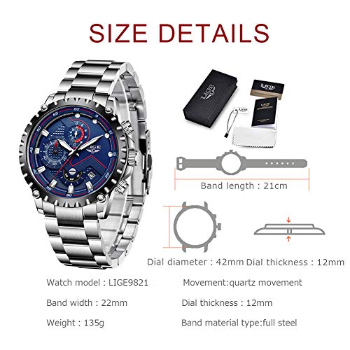 LIGE Reloj para Hombre, Deportes De Moda Reloj De Cuarzo Analógico Cronógrafo,Reloj De Acero Inoxidable para Hombres, Reloj De Regalo Impermeable Casual, Reloj Clásico De Fecha Azul