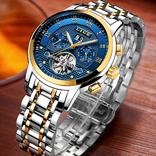 LIGE Relojes Hombre Moda Acero Inoxidable Impermeables Mecánico Automático Reloj Hombre Lujoso Comercio Cronógrafo Calendario Militar Deportivo Luminoso Casual con Números Romanos Dial