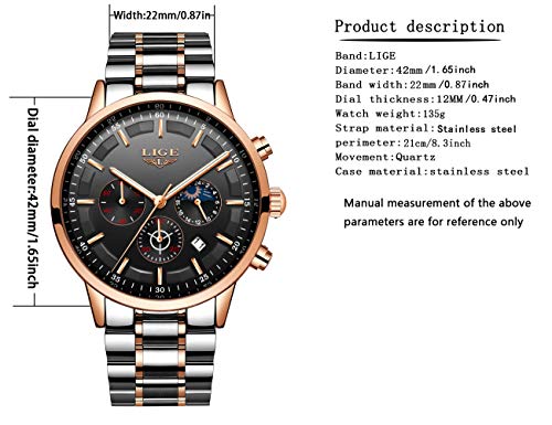 LIGE Relojes para Hombre Moda Acero Inoxidable Deportivo Analógico Reloj Cronógrafo Impermeable Data Negocios Reloj de Pulsera