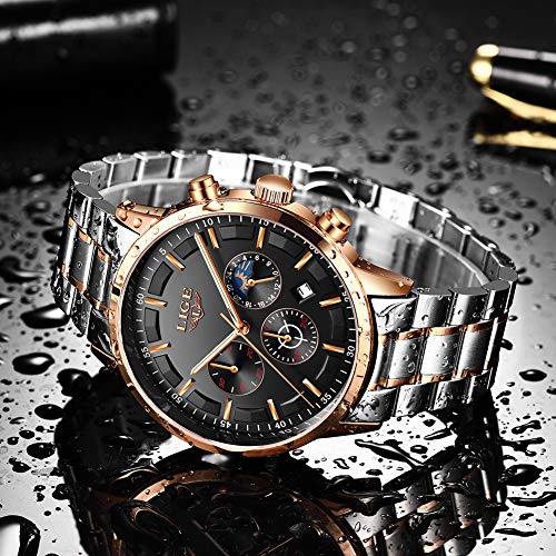 LIGE Relojes para Hombre Moda Acero Inoxidable Deportivo Analógico Reloj Cronógrafo Impermeable Data Negocios Reloj de Pulsera