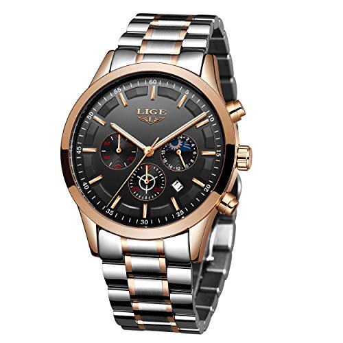 LIGE Relojes para Hombre Moda Acero Inoxidable Deportivo Analógico Reloj Cronógrafo Impermeable Data Negocios Reloj de Pulsera