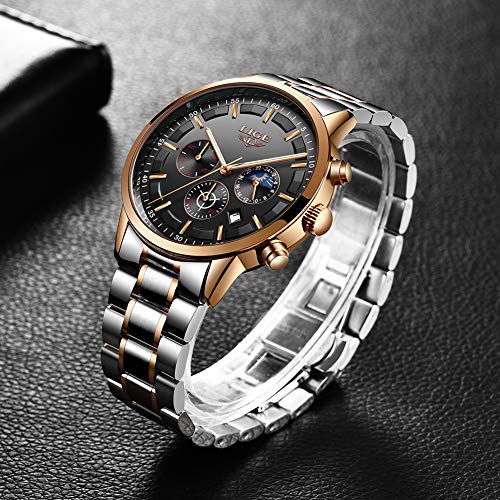 LIGE Relojes para Hombre Moda Acero Inoxidable Deportivo Analógico Reloj Cronógrafo Impermeable Data Negocios Reloj de Pulsera