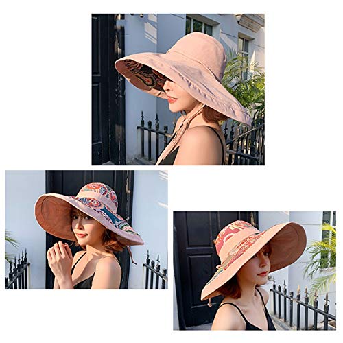 LIGUANGWEN Sombrero Tocado De Doble Cara Que Lleva un Gran Sombrero del Sol del Borde, Verano Protector Solar Domo al Aire Libre con Viento Cuerda, ollas UV Sombrero de Playa