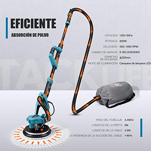 Lijadora de Pared, Lijadora de Techo 800W, Sistema de Autolimpieza, Base de Lijado Desmontable para Esquina, Cable de 4,5M, 13PCS Lijas (P120 y P320), Mango Telescópico 1,6-1,9M PDS03AS