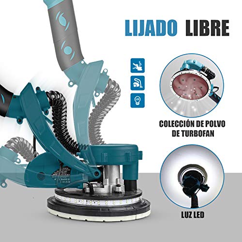 Lijadora de Pared, Lijadora de Techo 800W, Sistema de Autolimpieza, Base de Lijado Desmontable para Esquina, Cable de 4,5M, 13PCS Lijas (P120 y P320), Mango Telescópico 1,6-1,9M PDS03AS