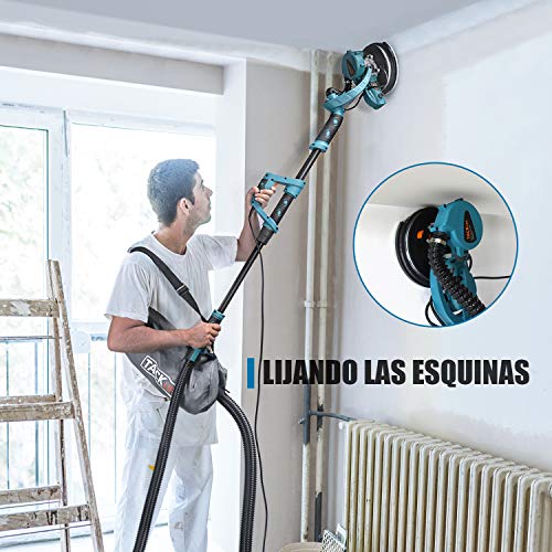 Lijadora de Pared, Lijadora de Techo 800W, Sistema de Autolimpieza, Base de Lijado Desmontable para Esquina, Cable de 4,5M, 13PCS Lijas (P120 y P320), Mango Telescópico 1,6-1,9M PDS03AS