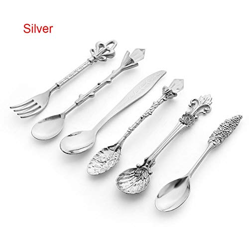 Lili 6PCS Vintage Mini 11.5mm Spoons Fork Royal Style Metal Carved Coffee Fruit Cutler Dessert Flatware Kitchen Tools,Silver