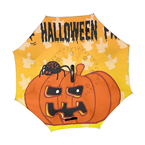 LINDATOP Paraguas invertido para Halloween con diseño de calabaza y fantasma, doble capa, protección UV a prueba de viento, para coche, lluvia, uso al aire libre