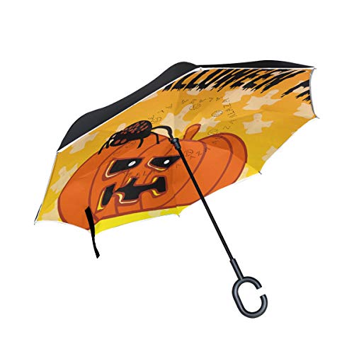 LINDATOP Paraguas invertido para Halloween con diseño de calabaza y fantasma, doble capa, protección UV a prueba de viento, para coche, lluvia, uso al aire libre