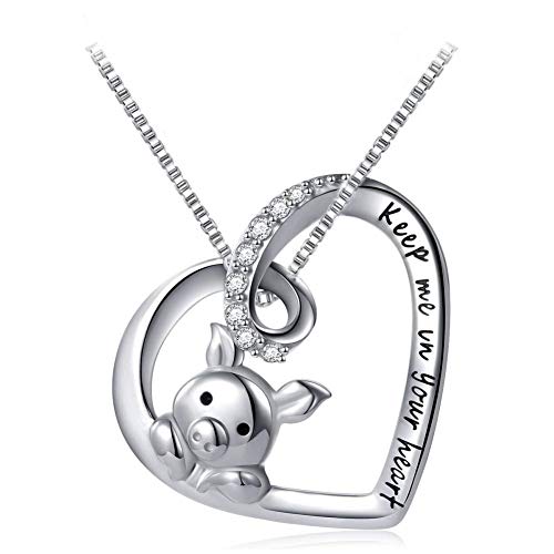 Lindo cerdito de plata de ley con colgante de cristal de amor para mujeres y niñas, grabado «Keep Me in Your Heart»