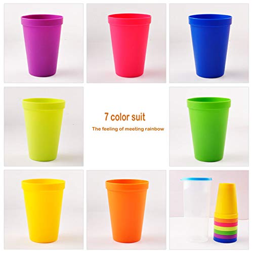 Linian 8Pcs Vasos de Plástico, Ligera Taza Vajilla portátil 7 Vasos de plástico de Colores (200 ml) y 1 Botella de Agua (600 ml) para Picnic Camping Vajillas Juego de Cubiertos