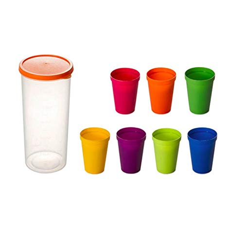 Linian 8Pcs Vasos de Plástico, Ligera Taza Vajilla portátil 7 Vasos de plástico de Colores (200 ml) y 1 Botella de Agua (600 ml) para Picnic Camping Vajillas Juego de Cubiertos