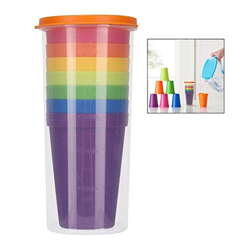 Linian 8Pcs Vasos de Plástico, Ligera Taza Vajilla portátil 7 Vasos de plástico de Colores (200 ml) y 1 Botella de Agua (600 ml) para Picnic Camping Vajillas Juego de Cubiertos