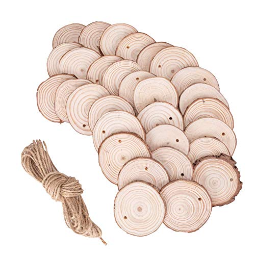 Linkax Rodajas de Madera Círculos 6-7 cm30 pcs Discos de Madera Rebanada con 10m Cuerda de Cáñamo Troncos Madera Decoracion Apto para Pirograbador de Madera, Pintura