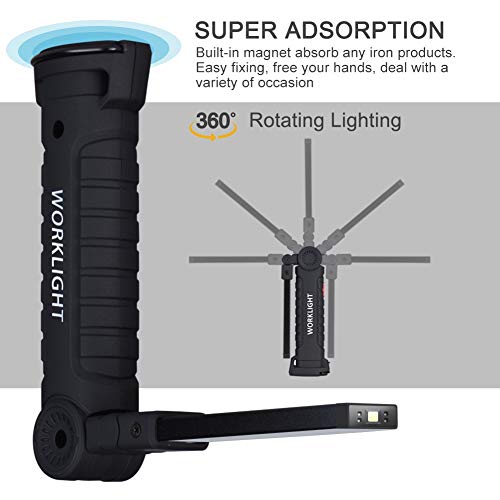 Linterna de Trabajo Recargable 1800mAh, lámpara de Inspección 5 Modos 800 Lúmenes, LED COB Portátil Linterna con Base Magnética y Gancho para Emergencia, Taller, Automóviles (Grande)