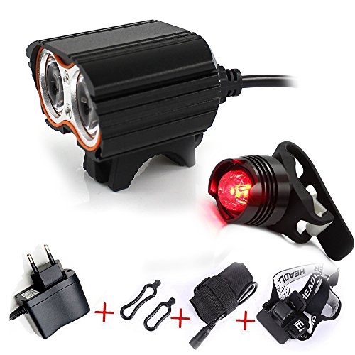 Linterna LáMPARA para Bicicletas Bici CREE XM-L U2 - Luz LED Frontal para Manillar de Bicicleta (2 focos, 5000 Lumens, 4 Modos) con 2 x Luz Luces Lámpara Trasera para Bici Bicicleta