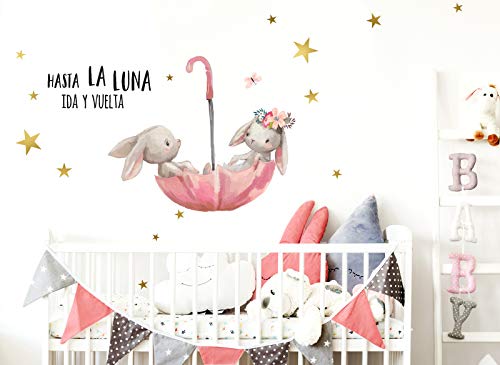 Little Deco Pegatina de Pared hasta La Luna & conejitos en Paraguas I M - 100 x 59 cm (an x al) I Vinilo Adhesivo Decorativo para Cuartos Cuarto del bebé DL252