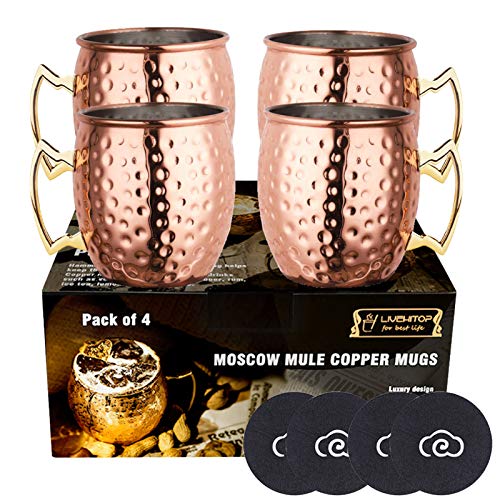 LIVEHITOP Moscow Mule Taza de Cobre Set of 4, Mula de Moscú Copas de Cóctel con Costers para Fiesta, Bar, Casa, Hotel (Pack of 4)