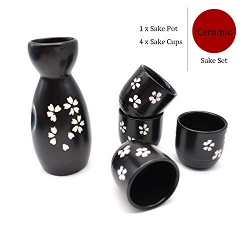 Liwein Sake Set,5 Piezas Sake De CerÁMica Japonesa Tradicionales Botella De Sake Porcelana Cups Tazas De CerÁMica Manualidades Regalo(Negro)