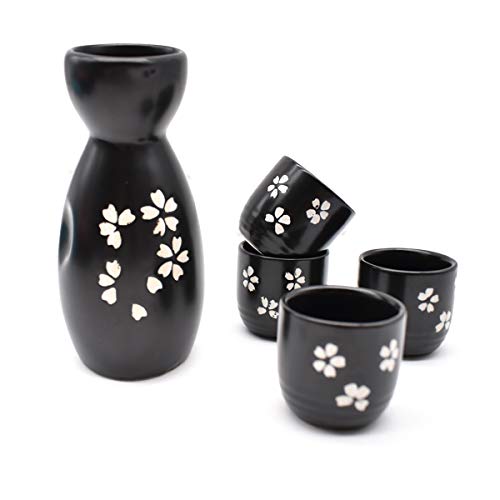 Liwein Sake Set,5 Piezas Sake De CerÁMica Japonesa Tradicionales Botella De Sake Porcelana Cups Tazas De CerÁMica Manualidades Regalo(Negro)