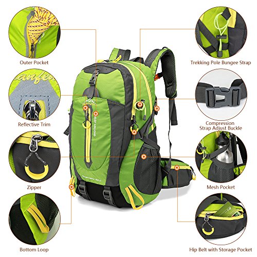 Lixada 40L Resistente al Agua Mochila, Portátil Mochila Trekking, Laptop Daypack, Durable Impermeable, para Escalada, Viajes, Actividades al Aire Libre (Verde)